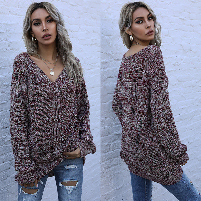 Women's Oversized Melange V-Neck Fine Knit Sweater with Balloon Sleeves & Patch Pockets Mune Fashion