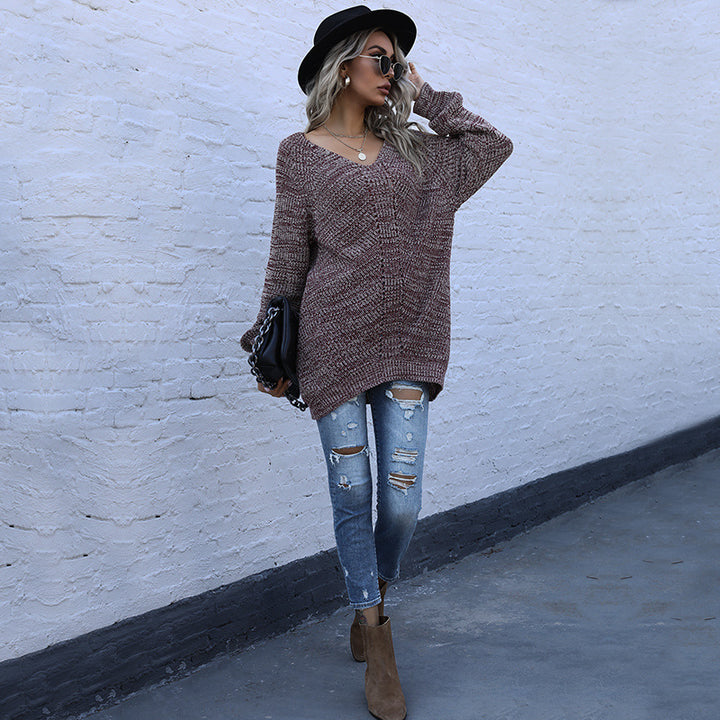 Women's Oversized Melange V-Neck Fine Knit Sweater with Balloon Sleeves & Patch Pockets Mune Fashion