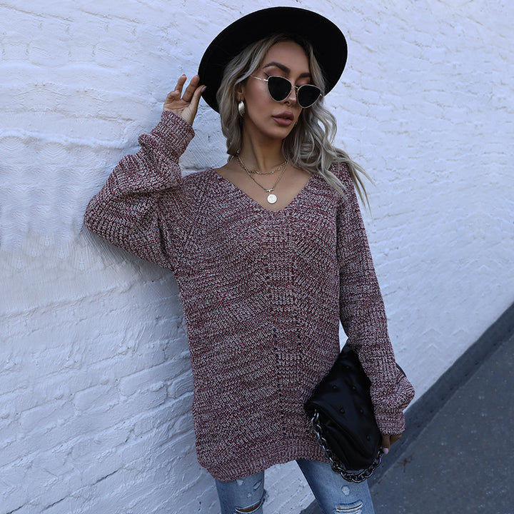Women's Oversized Melange V-Neck Fine Knit Sweater with Balloon Sleeves & Patch Pockets Mune Fashion