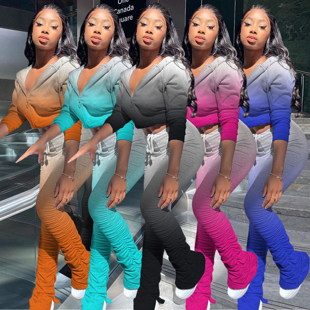 Women's Cropped Hoodie with Zipper and Gathered High Waist Jogging Pants Set Mune Fashion
