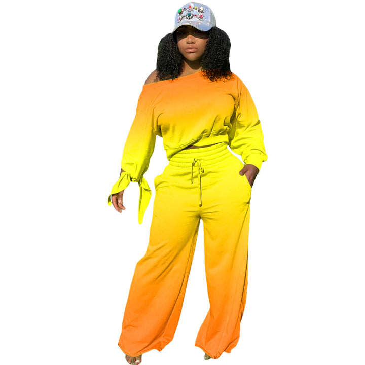 Women Two-Piece Lounge Set with Off-Shoulder Crop Sweatshirt, Tie Sleeves and High-Waist Palazzo Pants Mune Fashion