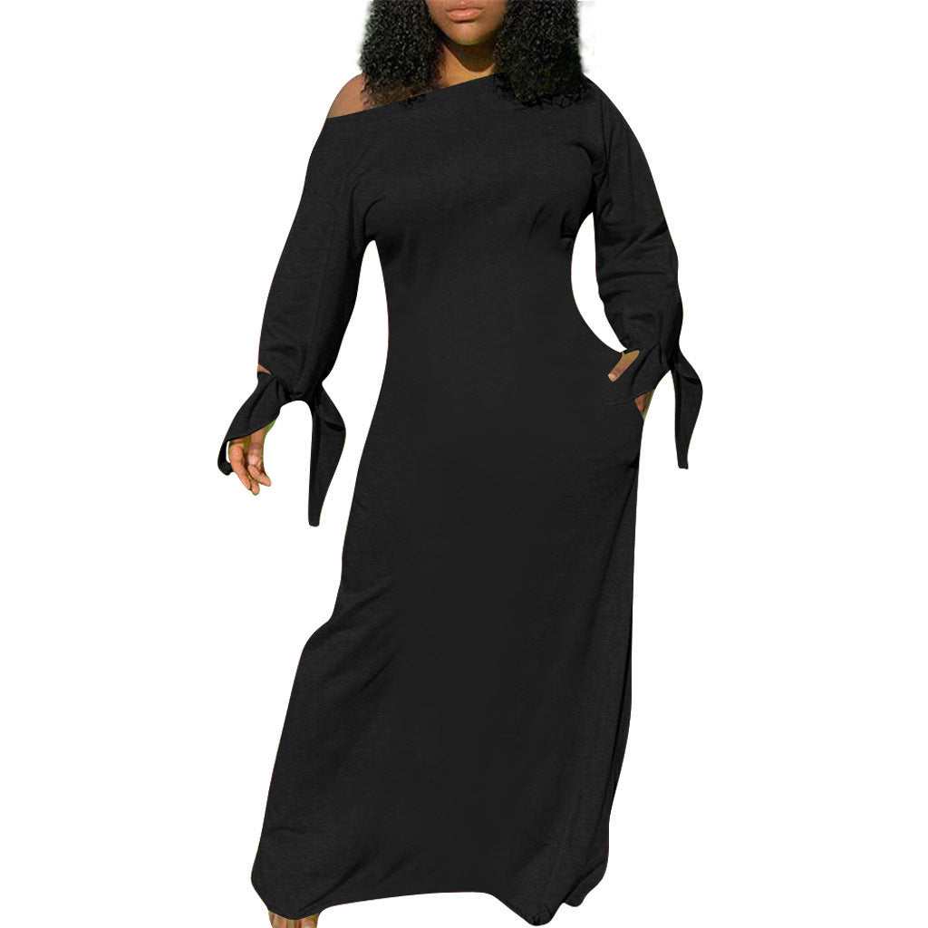 Women Asymmetrical Maxi Dress with One Shoulder, Long Sleeves and Bind Cuffs Mune Fashion