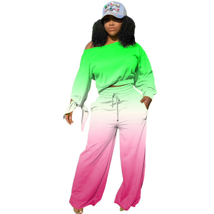 Women Two-Piece Lounge Set with Off-Shoulder Crop Sweatshirt, Tie Sleeves and High-Waist Palazzo Pants Mune Fashion