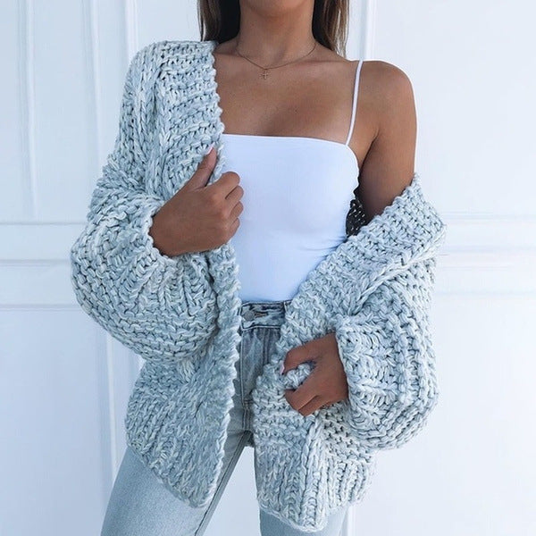 Women Oversized Chunky Knit Cardigan with Balloon Sleeves and Open Front Mune Fashion