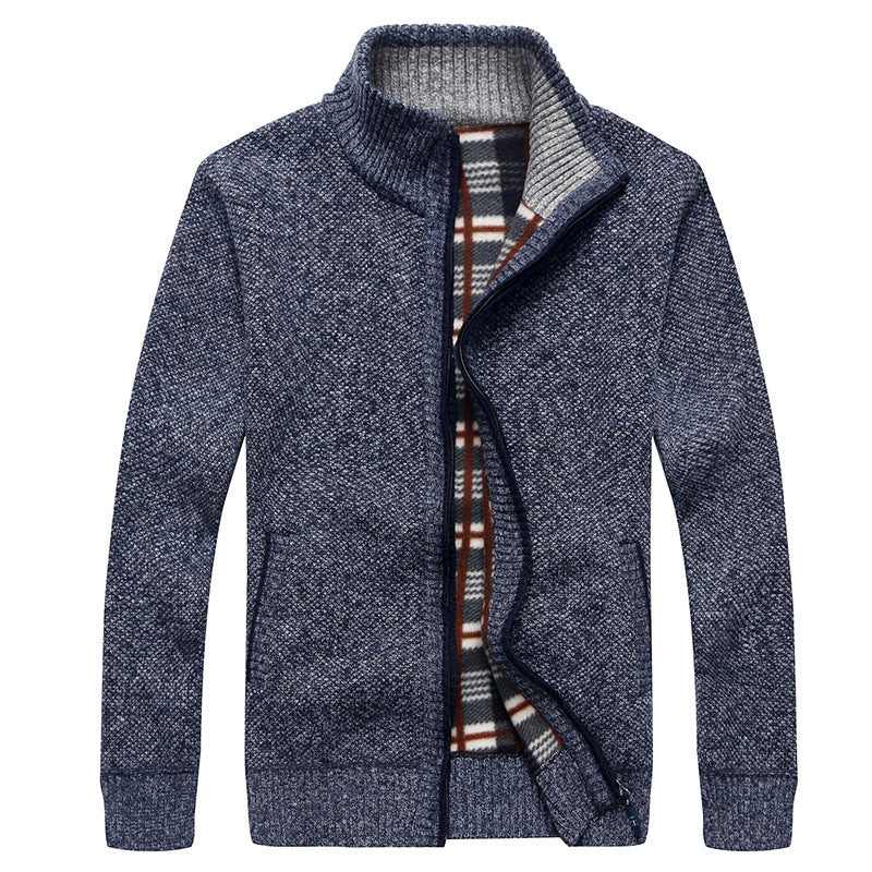 Men's knit cardigan with fleece lining, stand-up collar, and zip Mune Fashion
