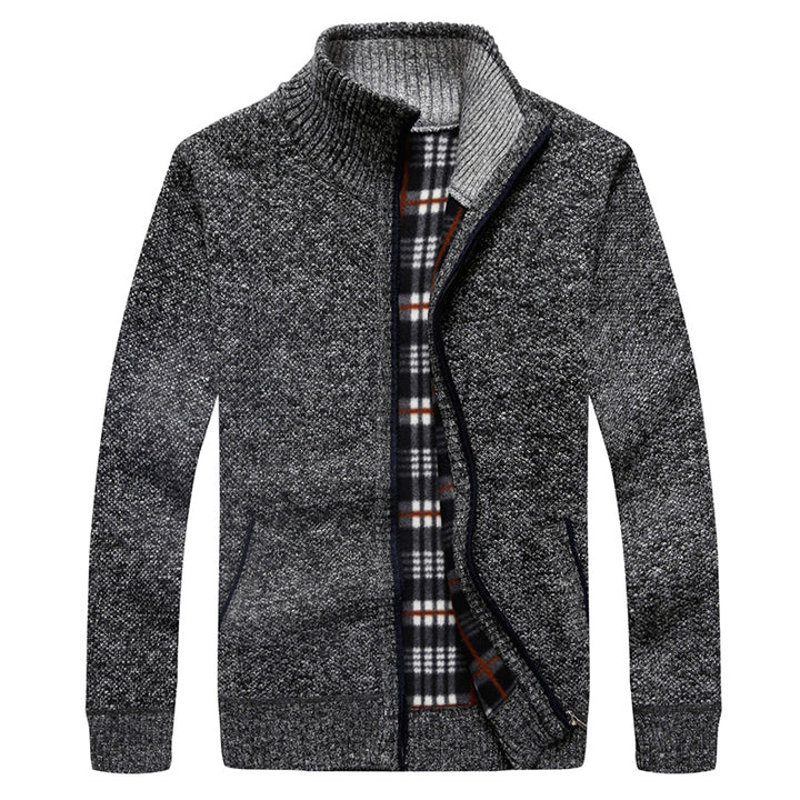 Men's knit cardigan with fleece lining, stand-up collar, and zip Mune Fashion