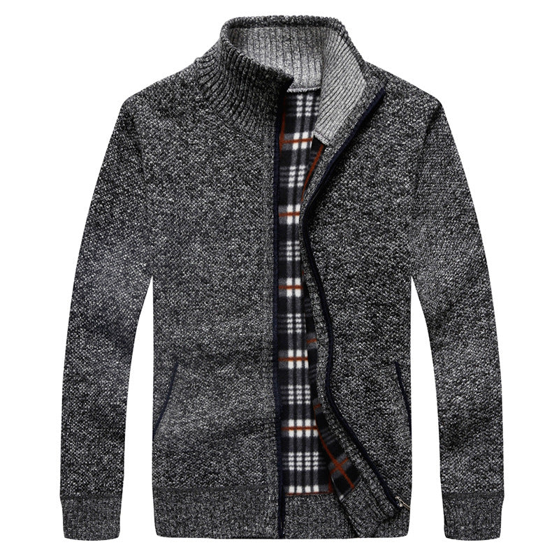 Men's Quilted Knit Zip Jacket with Stand-Up Collar and Checkered Fleece Inner Side Mune Fashion