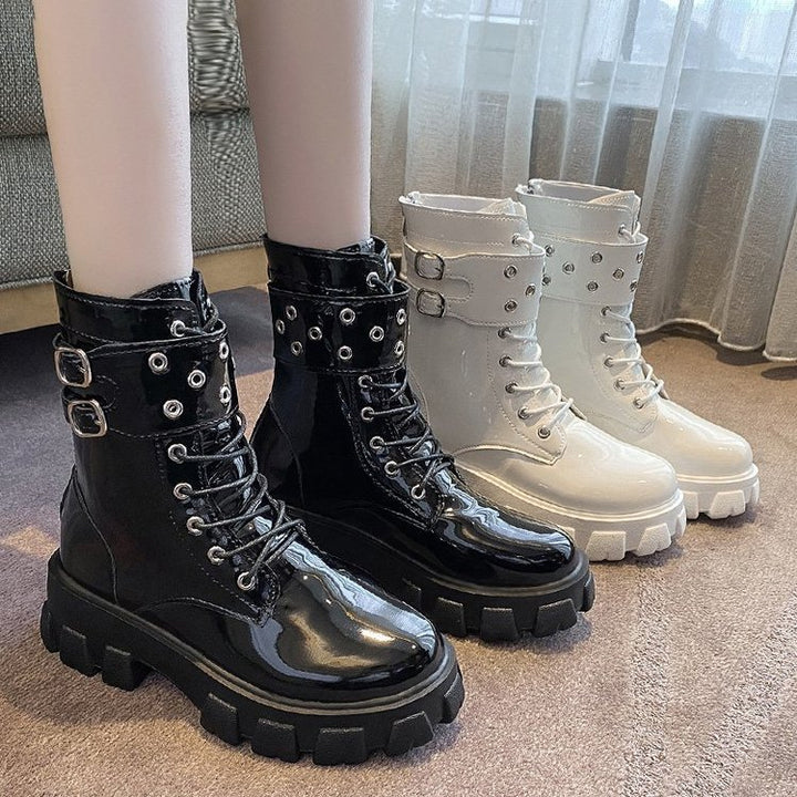 Women's glossy patent combat boots with chunky tractor sole, double straps and metallic eyelets Mune Fashion