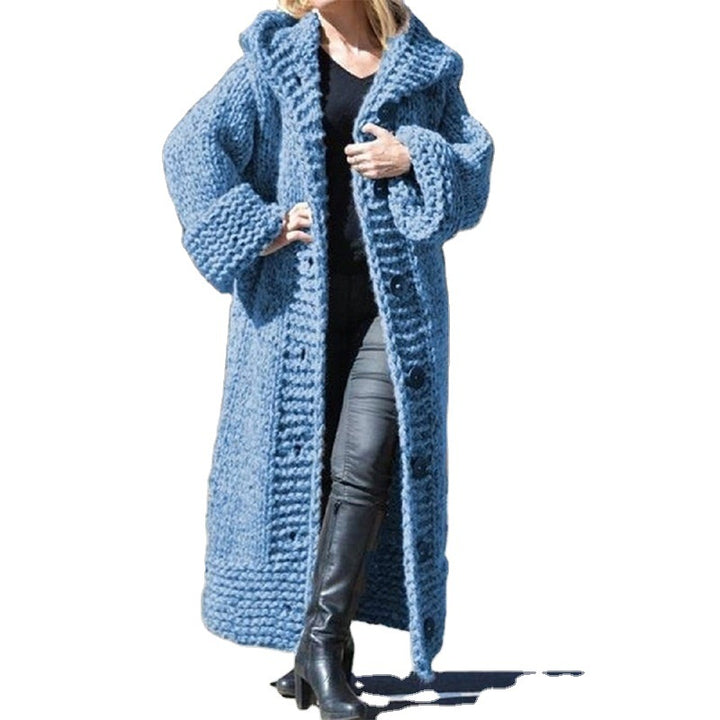 Women's Oversize Chunky Knit Maxi Coat with Hood and Button Placket Mune Fashion