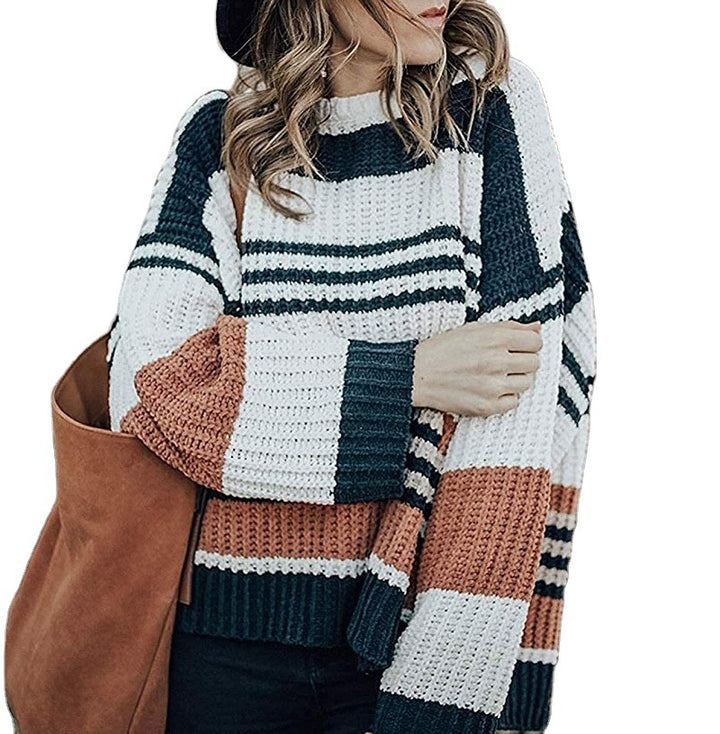 Women's Oversize Waffle Knit Sweater with Block Stripes and Dropped Shoulders Mune Fashion