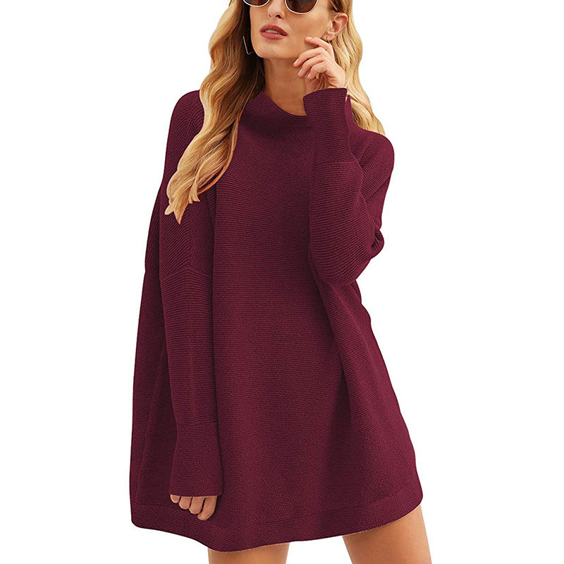 Women Casual Knit Mini Dress with Stand Collar, Oversized Cut and Fine Structured Knit Mune Fashion