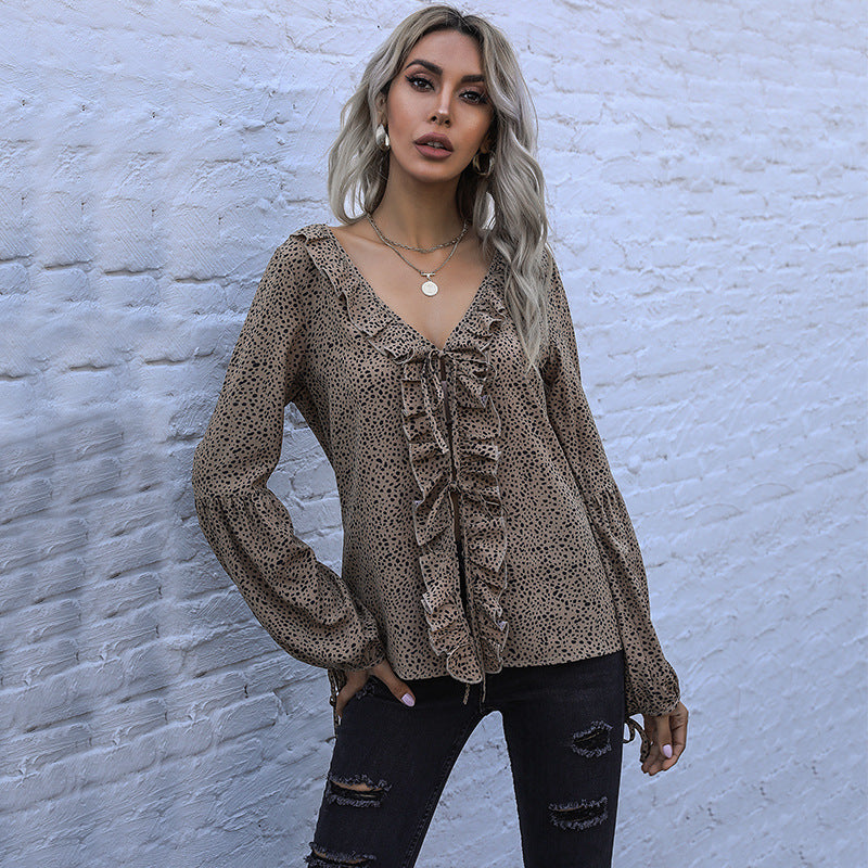 Women V-neck Ruffle Blouse with Ties Mune Fashion, Ruffle Front and Balloon Sleeves Mune Fashion