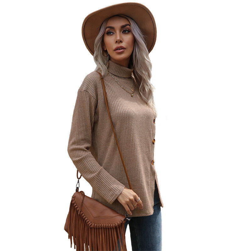 Women's fine-knit turtleneck sweater with ribbed textured fabric and asymmetrical button placket Mune Fashion