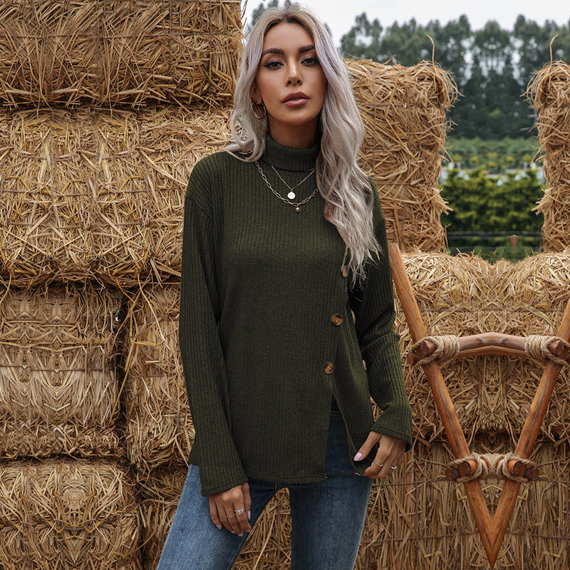 Women's fine-knit turtleneck sweater with ribbed textured fabric and asymmetrical button placket Mune Fashion