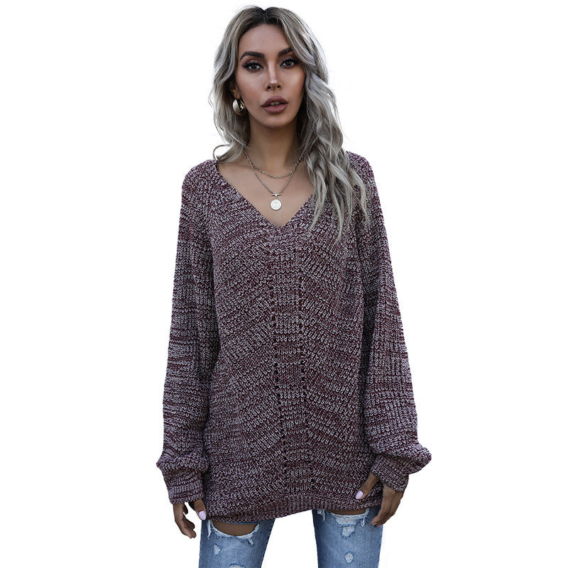 Women's Oversized Melange V-Neck Fine Knit Sweater with Balloon Sleeves & Patch Pockets Mune Fashion