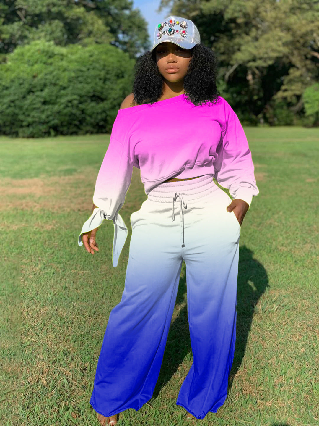 Women Two-Piece Lounge Set with Off-Shoulder Crop Sweatshirt, Tie Sleeves and High-Waist Palazzo Pants Mune Fashion