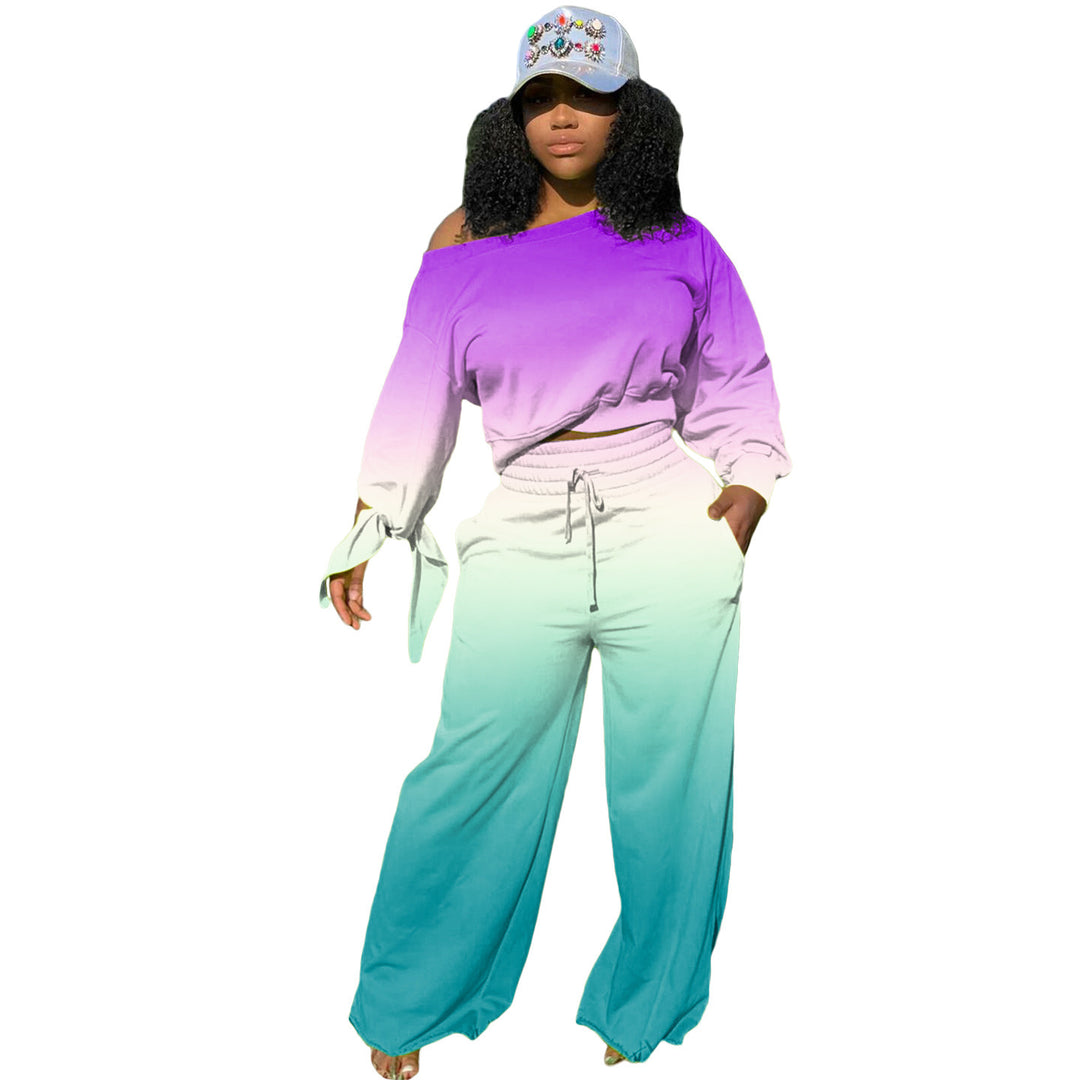 Women Two-Piece Lounge Set with Off-Shoulder Crop Sweatshirt, Tie Sleeves and High-Waist Palazzo Pants Mune Fashion