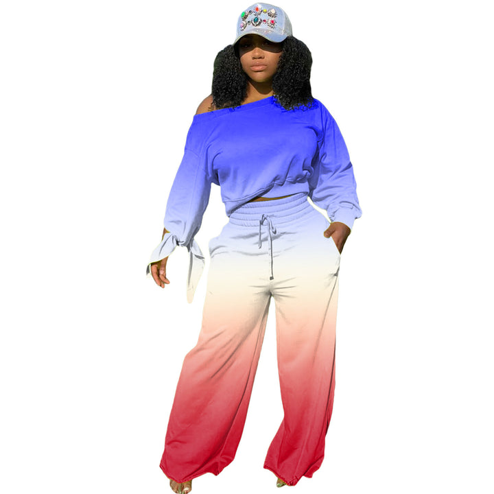 Women Two-Piece Lounge Set with Off-Shoulder Crop Sweatshirt, Tie Sleeves and High-Waist Palazzo Pants Mune Fashion