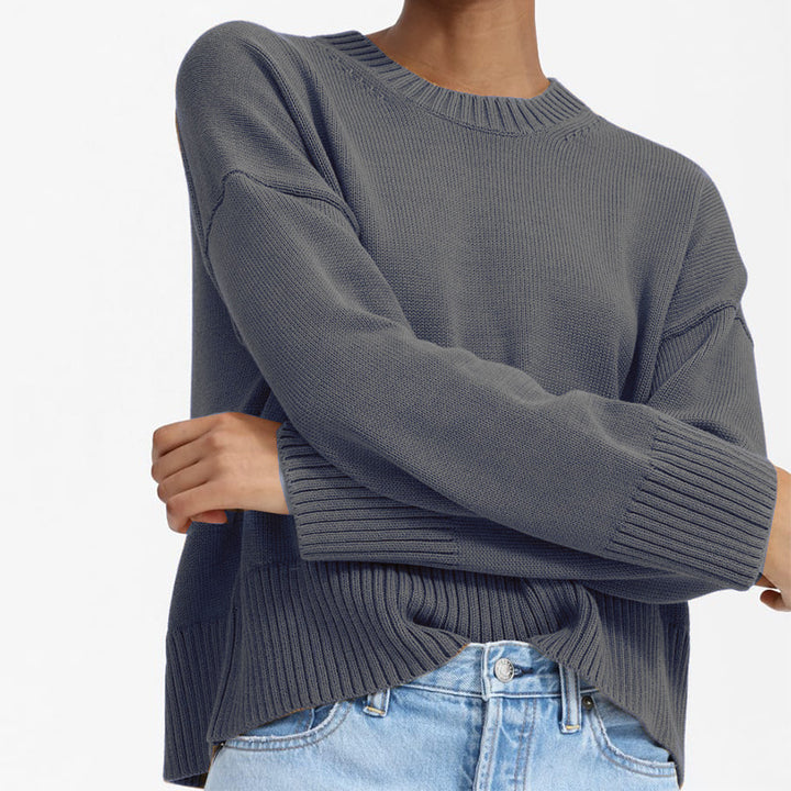 Women's Oversized Fine Knit Sweater with Round Neck, Dropped Shoulder, and Wide Ribbed Hem Mune Fashion