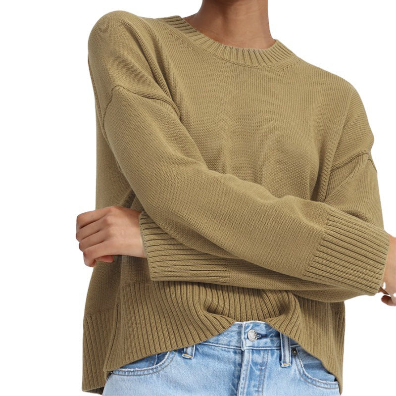 Women's Oversized Fine Knit Sweater with Round Neck, Dropped Shoulder, and Wide Ribbed Hem Mune Fashion