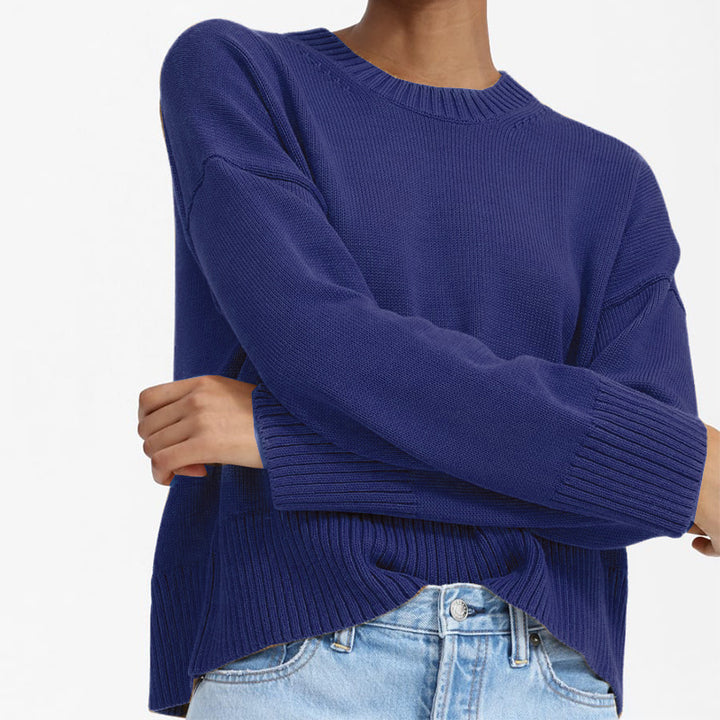 Women's Oversized Fine Knit Sweater with Round Neck, Dropped Shoulder, and Wide Ribbed Hem Mune Fashion