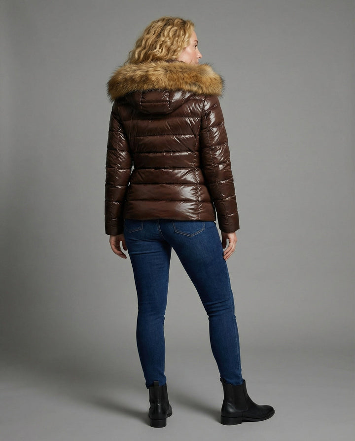 Women's quilted jacket with faux fur collar