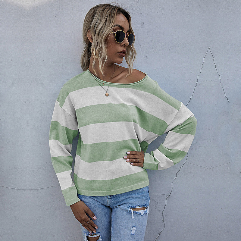 Women Loose Striped Sweater with Bardot Neckline and Oversized Cut Mune Fashion