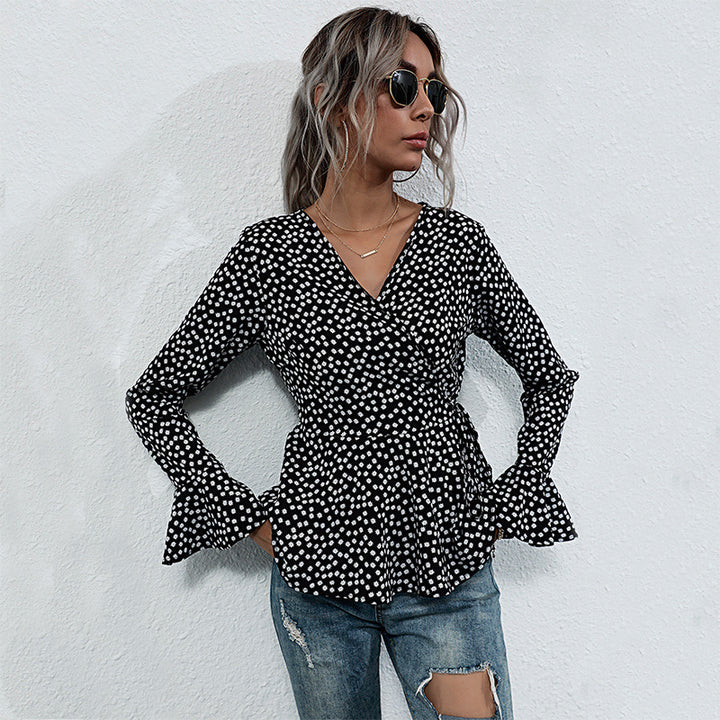 Women's Tailored Wrap Blouse with V-Neck, Allover Polka Dot Pattern and Flared Ruffle Sleeves Mune Fashion