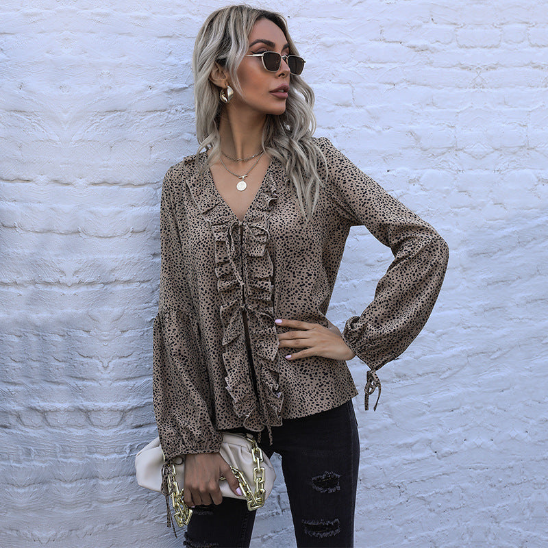 Women V-neck Ruffle Blouse with Ties Mune Fashion, Ruffle Front and Balloon Sleeves Mune Fashion