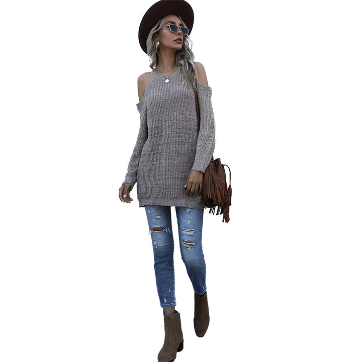 Women's Off-Shoulder Chunky Knit Sweater with Cut-Out Detail, Oversized Fit and Ribbed Hem Mune Fashion