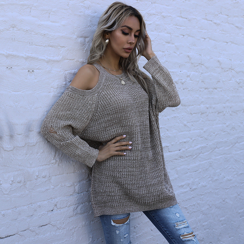 Women's Off-Shoulder Chunky Knit Sweater with Cut-Out Detail, Oversized Fit and Ribbed Hem Mune Fashion