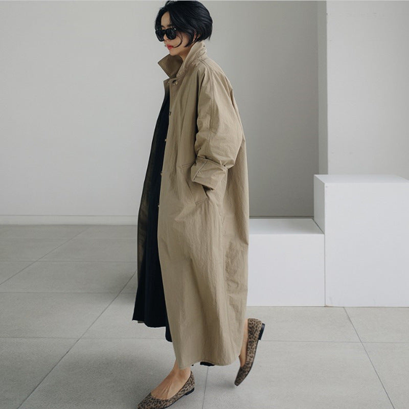 Women's Lightweight Maxi Trench Coat in Minimalist Oversized Cut with High Stand-Up Collar and Concealed Button Placket Mune Fashion