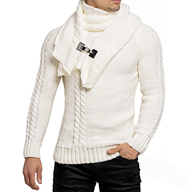 Men's chunky knit sweater with integrated wrap collar and buckle scarf Mune Fashion