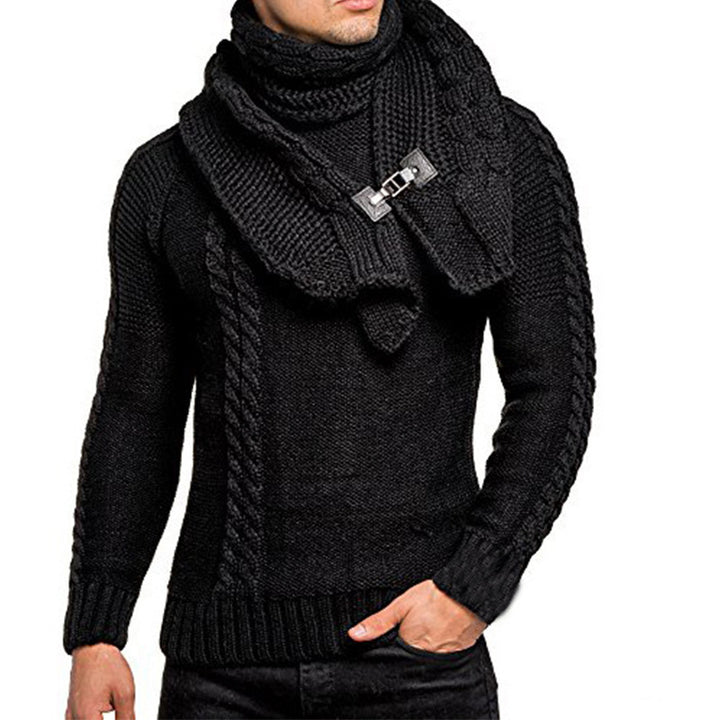 Men's chunky knit sweater with integrated wrap collar and buckle scarf Mune Fashion