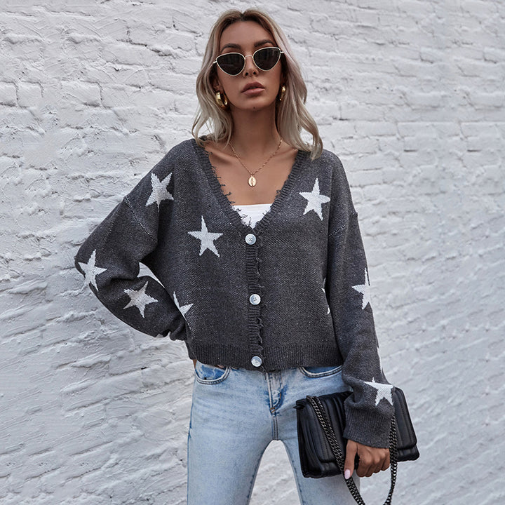 Women's Short Cut V-Neck Knit Cardigan with Star Jacquard and Fringe Trim Mune Fashion