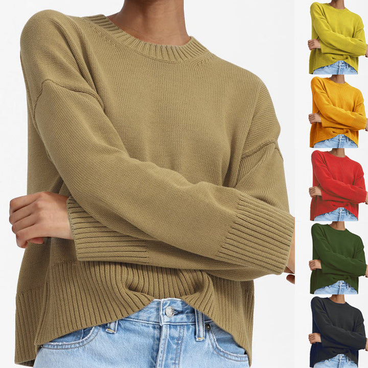Women's Oversized Fine Knit Sweater with Round Neck, Dropped Shoulder, and Wide Ribbed Hem Mune Fashion
