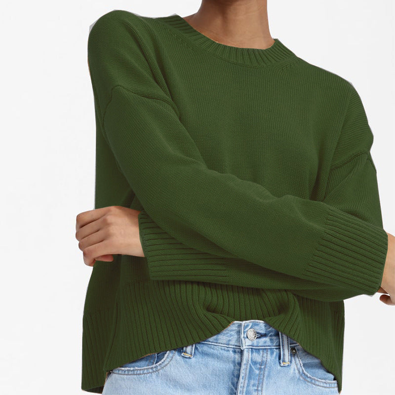 Women's Oversized Fine Knit Sweater with Round Neck, Dropped Shoulder, and Wide Ribbed Hem Mune Fashion