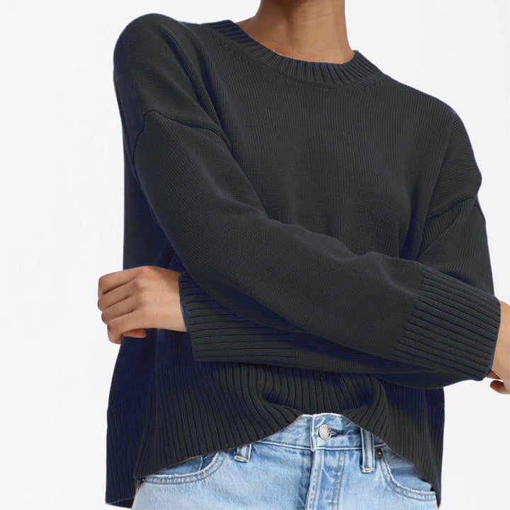 Women's Oversized Fine Knit Sweater with Round Neck, Dropped Shoulder, and Wide Ribbed Hem Mune Fashion