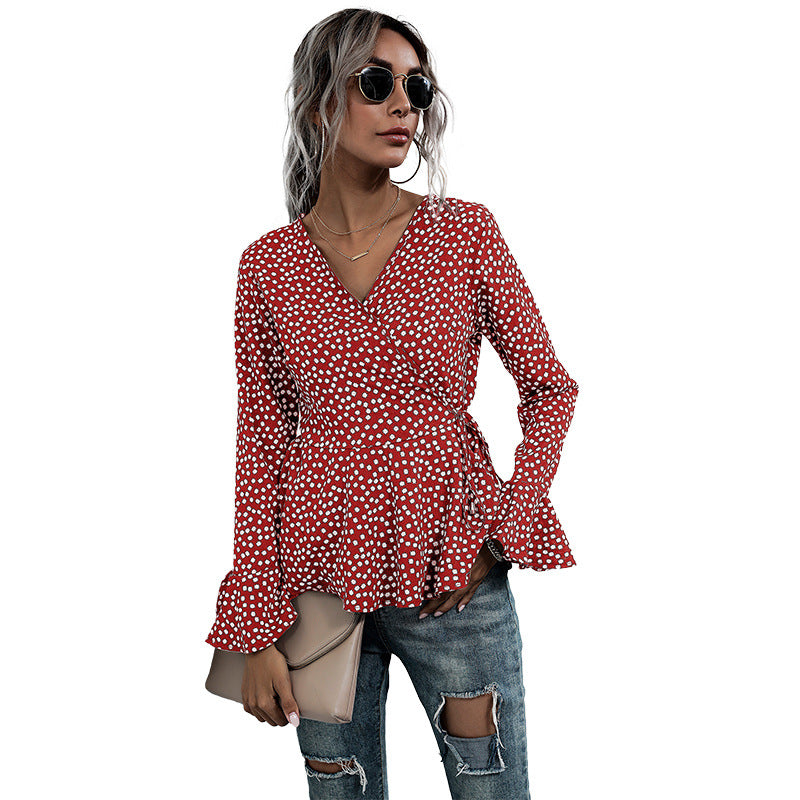 Women's Tailored Wrap Blouse with V-Neck, Allover Polka Dot Pattern and Flared Ruffle Sleeves Mune Fashion