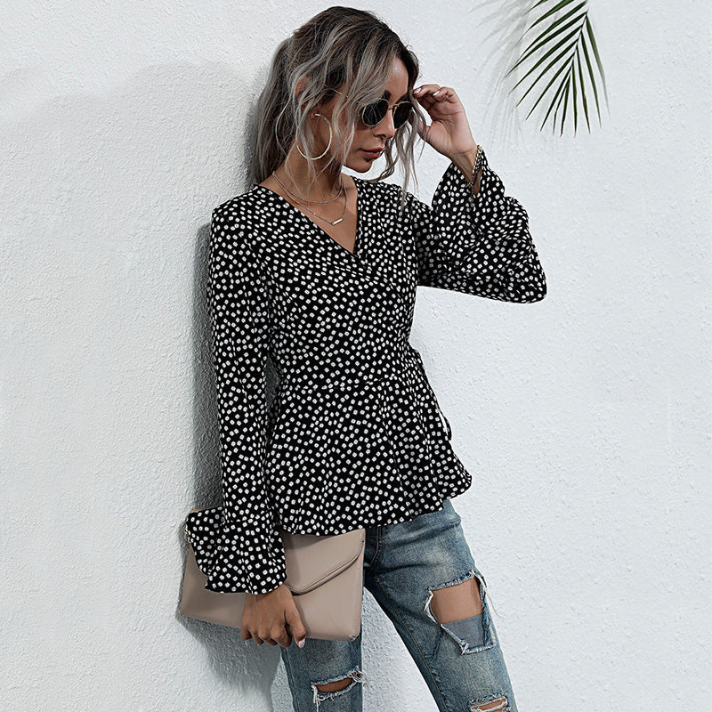 Women's Tailored Wrap Blouse with V-Neck, Allover Polka Dot Pattern and Flared Ruffle Sleeves Mune Fashion