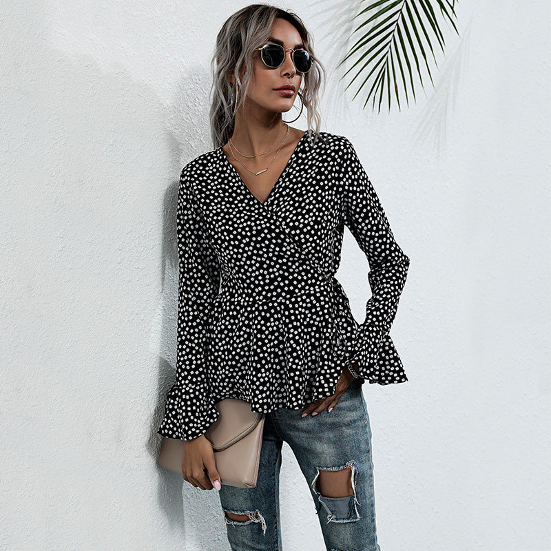Women's Tailored Wrap Blouse with V-Neck, Allover Polka Dot Pattern and Flared Ruffle Sleeves Mune Fashion