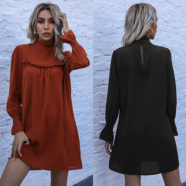 Women's short dress with stand-up collar, ruffle detail and gathered cuffs Mune Fashion