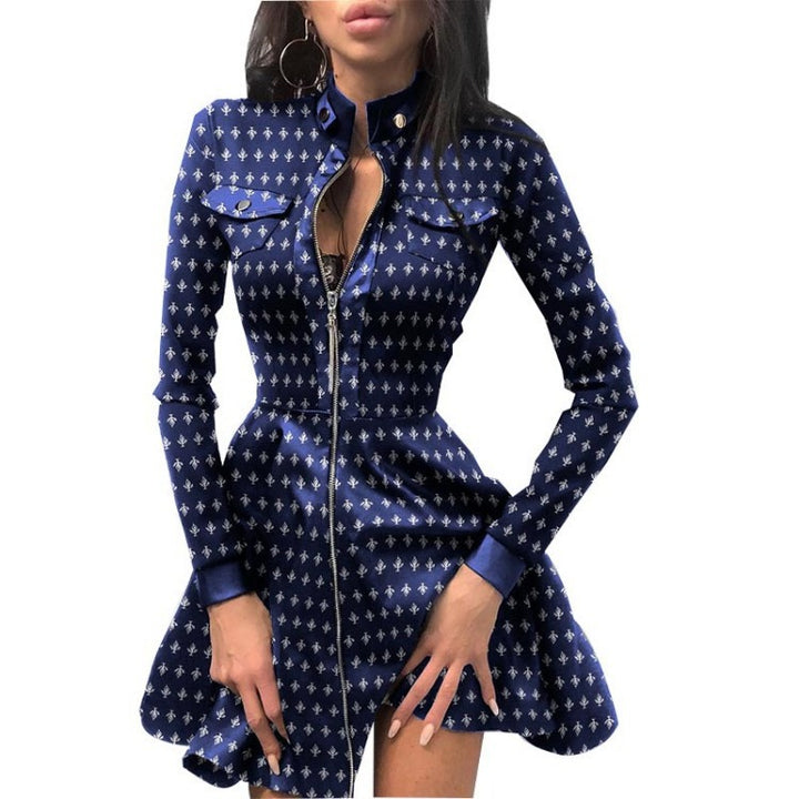 Ladies nan tailored mini dress with houndstooth top, faux leather skirt, stand-up collar and full-length zipper Mune Fashion