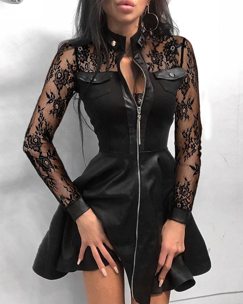 Ladies nan tailored mini dress with houndstooth top, faux leather skirt, stand-up collar and full-length zipper Mune Fashion
