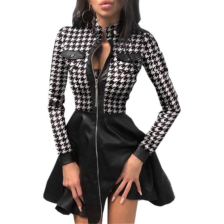 Ladies nan tailored mini dress with houndstooth top, faux leather skirt, stand-up collar and full-length zipper Mune Fashion