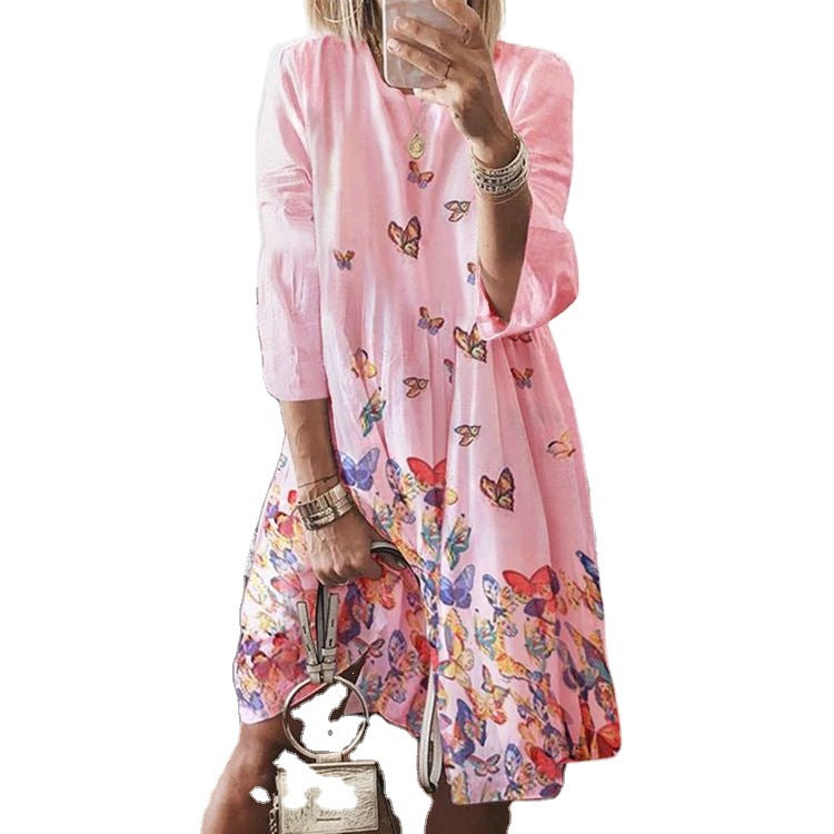 Women's airy midi dress with palm print, half-length sleeves and A-line cut Mune Fashion