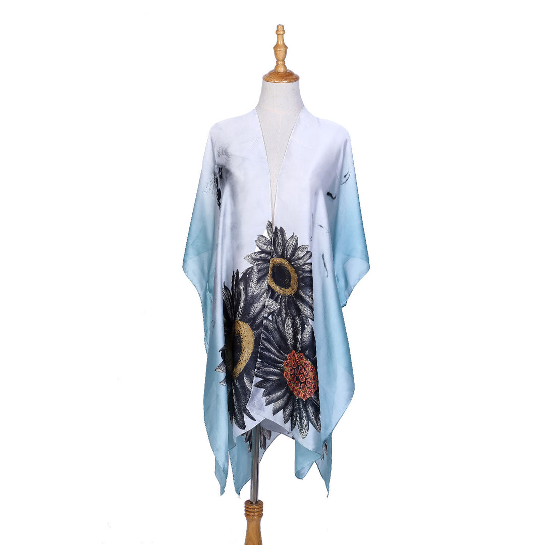 Women's Silk-like Kaftan Cover-up with Large Sunflower Print Mune Fashion