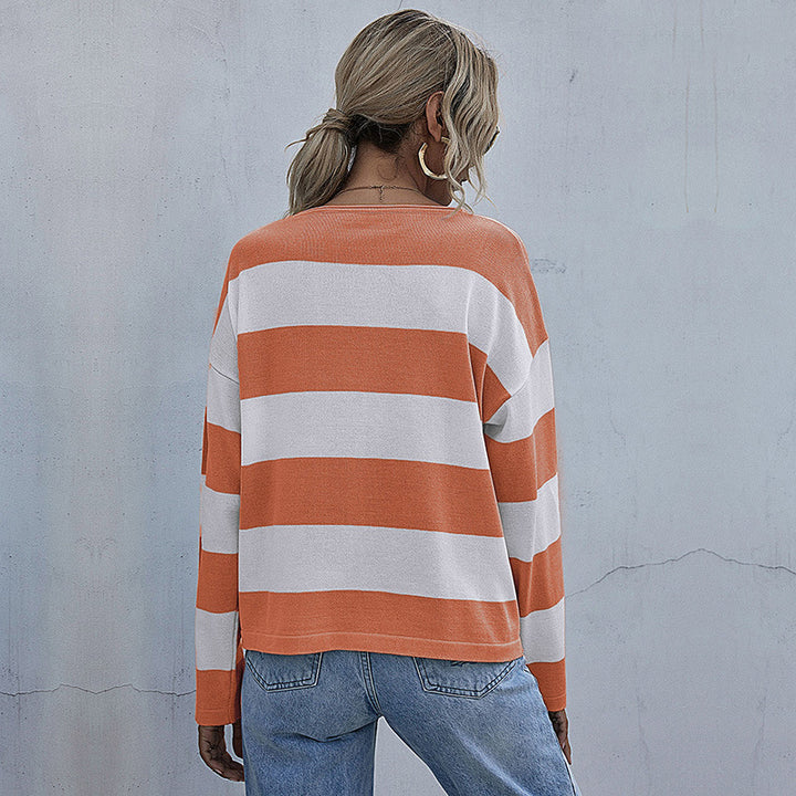 Women Loose Striped Sweater with Bardot Neckline and Oversized Cut Mune Fashion
