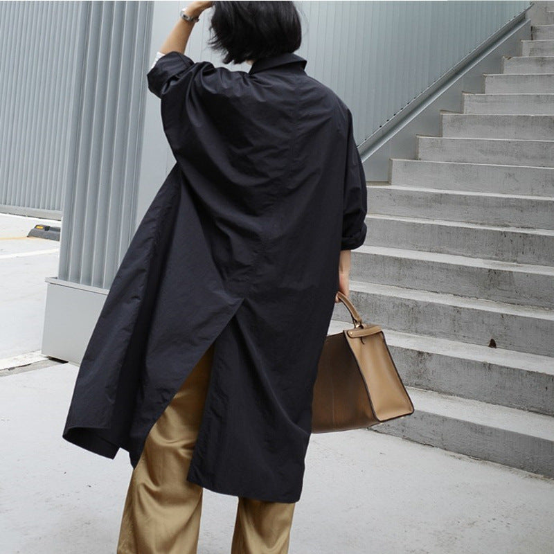 Women's Lightweight Maxi Trench Coat in Minimalist Oversized Cut with High Stand-Up Collar and Concealed Button Placket Mune Fashion