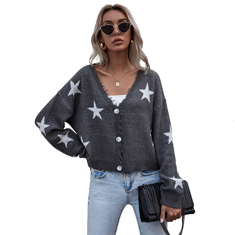 Women Casual Cardigan with Star Print and Button Details Mune Fashion